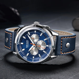 MEGIR Brand Quartz Chronograph Watch for Men Leather Strap Military Sport Wristwatches Waterproof 24-hour Week Date Clock 2072