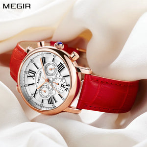MEGIR Women Watches Luxury Quartz Chronograph Leather Strap Lady Sports Wristwatch Female Dress Clock 24-hour Reloj Mujer 2058