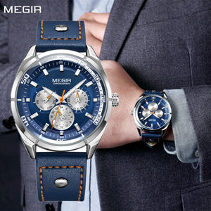 MEGIR Brand Quartz Chronograph Watch for Men Leather Strap Military Sport Wristwatches Waterproof 24-hour Week Date Clock 2072