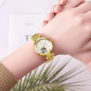 MEGIR Luxury Stainless Steel Gold Women Bracelet Watch Large Dial Automatic Mechanical Wrist Watches Ladies Business Watch Clock