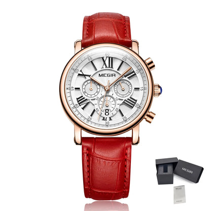 MEGIR Women Watches Luxury Quartz Chronograph Leather Strap Lady Sports Wristwatch Female Dress Clock 24-hour Reloj Mujer 2058