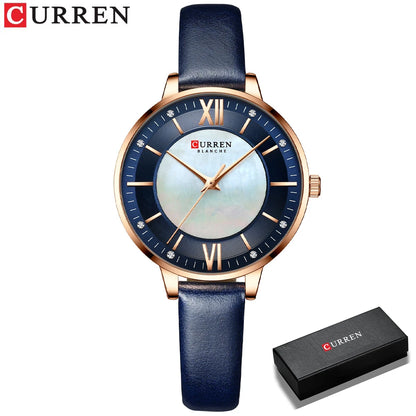 CURREN Branded Women's Watches 2021 Lux Elegant Ladies Wristwatch with Leather Bracelet Royal Blue