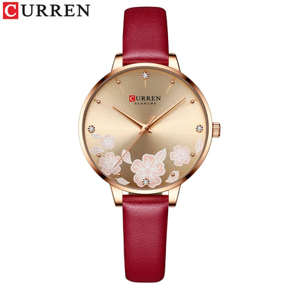 CURREN Watches Women Brand Leather Quartz Wristwatches Luxury Design Clock for Ladies Charm Flowers Dial Montre Femme