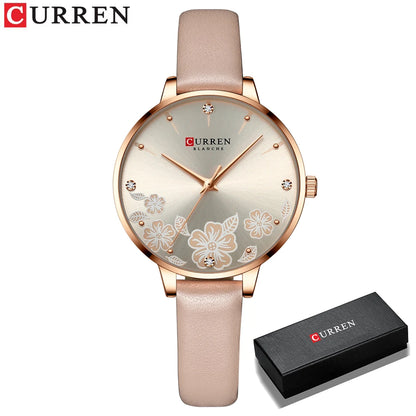 CURREN Watches Women Brand Leather Quartz Wristwatches Luxury Design Clock for Ladies Charm Flowers Dial Montre Femme