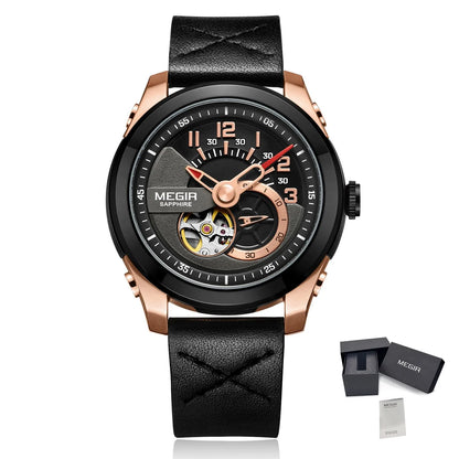 MEGIR Men Luxury Sport Automatic Movement Mechanical Watch Leather Business Wristwatch Clock Big Dial Relogio Masculino 62050