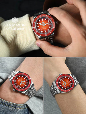 San Martin 37.5-40mm Limited Edition Red JianZhan Enamel Sunburst Dial Men's Diver Watch Miyota 9015 Automatic Mechanical SN0148