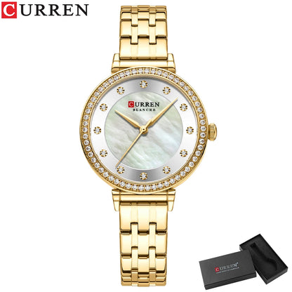 CURREN Luxury Slim Women's Watch Two Tone Stainless Steel Band Mother of Pearl Dial with Rhinestones Elegant Quartz Wristwatch