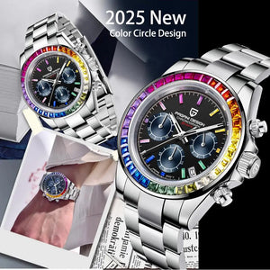PAGANI DESIGN PD1644 Men Quartz Watch Rainbow Bezel Stainless Steel 100M Waterproof Men Watch VK63 Sapphire Chronograph