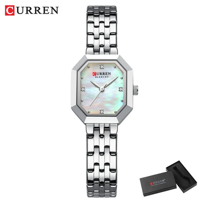 CURREN Luxury Minimalist Women's Watch with Stainless Steel Bracelet Elegant Dress Quartz Wristwatches with Shell Dial