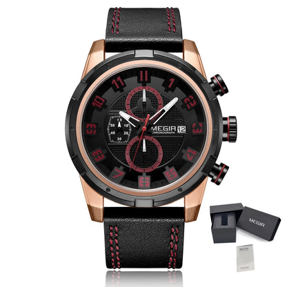 MEGIR Chronograph Sport Watch for Men Leather Strap Quartz Military Wristwatch Waterproof Calendar Clock Relogio Masculino 2082