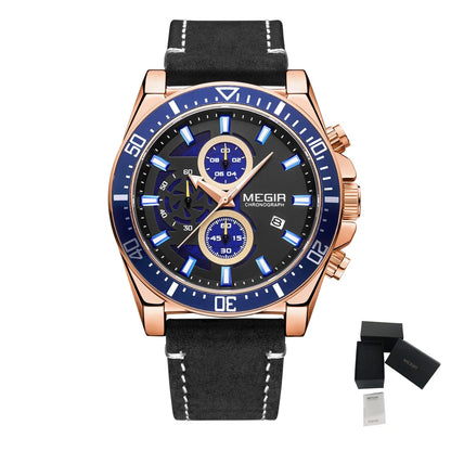 MEGIR Fashion Watches for Men Leather Strap Sport Military Wristwatch Man Quartz Watch Waterproof Chronograph with Calendar 2132