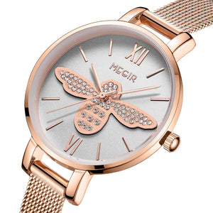 MEGIR Fashion Women Ladies Bracelet Quartz Female Watches Rose Steel Mesh Women Dress Diamond Wristwatch Clock Montre Femme