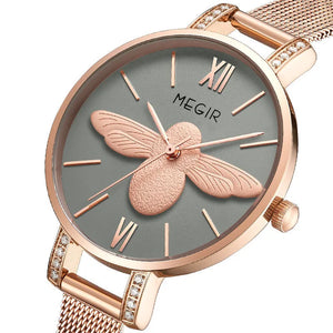 MEGIR Fashion Women Watches Luxury Quartz Wristwatch Rose Gold Mesh Strap Ladies Business Casual Watch Reloj Mujer 7009