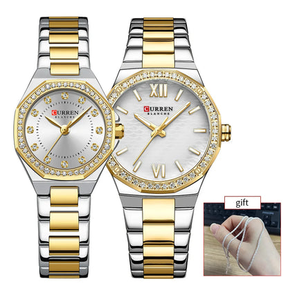 CURREN Luxury Elegant Wristwatches with Stainless Steel Band,Stylish Quartz Watch with Sparkling Rhinestone Dial for Gift