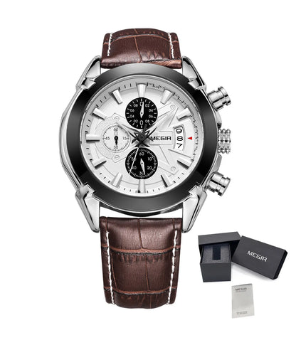 MEGIR Men Watches Original Fashion Leather Quartz Wristwatch Military Chronograph Big Dial Sports Clock Reloj Hombre 2020