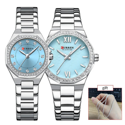 CURREN Luxury Elegant Wristwatches with Stainless Steel Band,Stylish Quartz Watch with Sparkling Rhinestone Dial for Gift