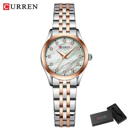 CURREN Ladies Watch with Two-Tone Stainless Steel Bracelet 28mm Dial with Rhinestones Markers Shimmering Shell Dial Elegant Idea