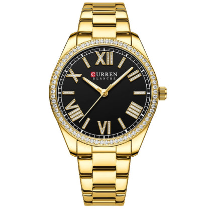 CURREN NEW Luxury Stainless Steel Wristwatches for Ladies Romantic Rose Pink with Rhinestones Roman Numeral Dial