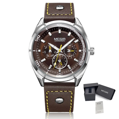 MEGIR Brand Quartz Chronograph Watch for Men Leather Strap Military Sport Wristwatches Waterproof 24-hour Week Date Clock 2072