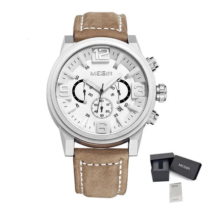 MEGIR Luxury Men's Watch Fashion Simple Casual Sports Watches for Men Leather Strap Waterproof Quartz Chronograph Clock 3010