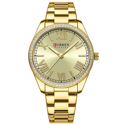 CURREN NEW Luxury Stainless Steel Wristwatches for Ladies Romantic Rose Pink with Rhinestones Roman Numeral Dial