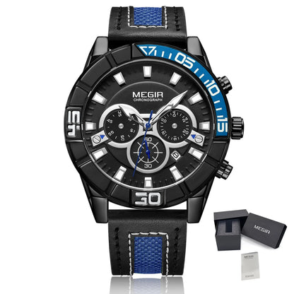 MEGIR Watches for Men Brand Luxury Military Sports Watch Chronograph Leather Strap Waterproof Date Quartz Wristwatch Man Clock