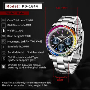 PAGANI DESIGN PD1644 Men Quartz Watch Rainbow Bezel Stainless Steel 100M Waterproof Men Watch VK63 Sapphire Chronograph