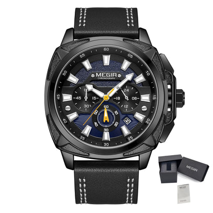 MEGIR Watches for Men Fashion Military Sport Watch Waterproof Date Quartz Casual Wristwatch with Chronograph Leather Strap 2128