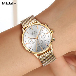 MEGIR Fashion Watches for Women Luxury Elegant Ladies Clock Chronograph Stainless Steel Strap Quartz Wristwatch Reloj Mujer 2011