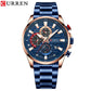 CURREN New Blue Multi Function Quartz Watches Sport Stainless Steel Band Wristwatches for Men with Luminous Hands