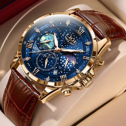 2026 New Men Watch LIGE Fashion Genuine Leather Watch For Men Casual Military Waterproof Luminous Quartz Chronograph Clock Male
