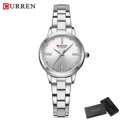 CURREN Simple Round Dial Fashion Dress Quartz Watches for Ladies with Stainless Steel Bracelet Luxury Wristwatches