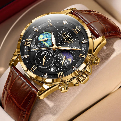 2026 New Men Watch LIGE Fashion Genuine Leather Watch For Men Casual Military Waterproof Luminous Quartz Chronograph Clock Male