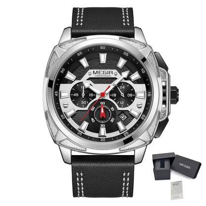 MEGIR Watches for Men Fashion Military Sport Watch Waterproof Date Quartz Casual Wristwatch with Chronograph Leather Strap 2128