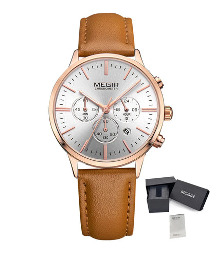 MEGIR Women Casual Watches Leather Strap Ladies Wristwatches Brand Luxury Female Chronograph Dress Clock Relogio Feminino 2011L
