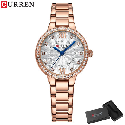CURREN Quartz Wristwatches for Wommen Luxury Rhinestones Rose Dial Fashion Watches with Stainless Steel Band New
