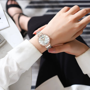 CURREN Luxury Slim Women's Watch Two Tone Stainless Steel Band Mother of Pearl Dial with Rhinestones Elegant Quartz Wristwatch