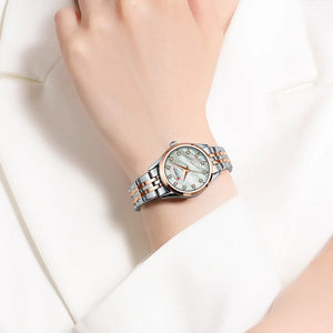 CURREN Ladies Watch with Two-Tone Stainless Steel Bracelet 28mm Dial with Rhinestones Markers Shimmering Shell Dial Elegant Idea