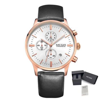 MEGIR Fashion Men Watches Chronograph Leather Strap Sport Military Watch Waterproof Quartz Wristwatch Clock Reloj Hombre 2011