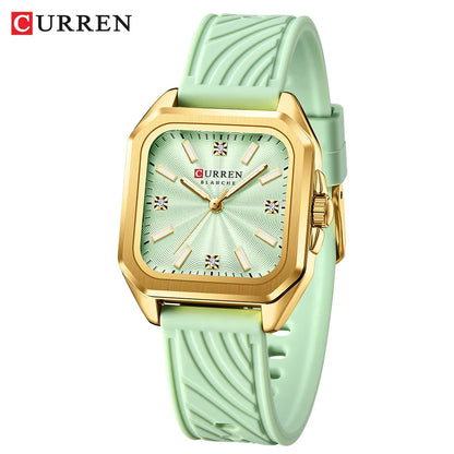 CURREN Elegant Simple Watch for Women Luxury Dress Square Dial Silicone Strap with Luminous Hands New Quartz Wristwatch