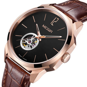 MEGIR Retro Men's Wristwatch Luxury Automatic Mechanical Watches Leather Sapphire 5ATM Waterproof Watch Relogio Masculino 62073