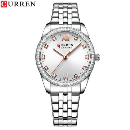 CURREN Classy Dress Watches for Women Stainless Steel Band Clock Female Rhinestone Dial Slim Wristwatches Ladies