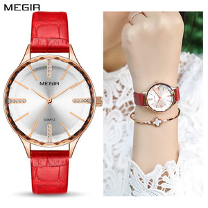 MEGIR Luxury Woman Wristwatch Elegant Waterproof Leather Strap Female Quartz Watches Diamond Dress Clock Gifts for Ladies 4213