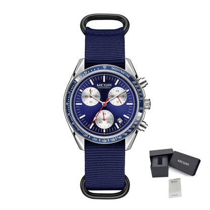 MEGIR Luxury Quartz Watches for Men Blue Canvas Strap Sport Leisure Chronograph Luminous Waterproof Male Wristwatch Clock 2247