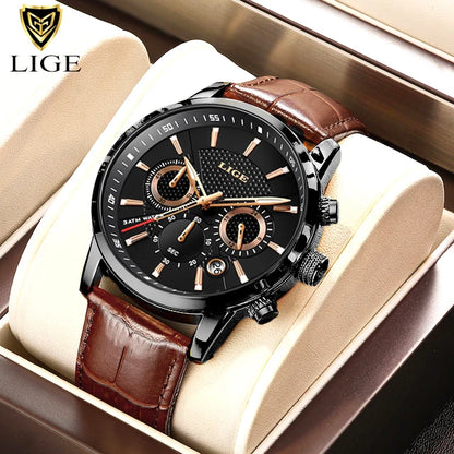 LIGE New Brown Leather Watch for Men Fashion Top Brand Luxury Men's Quartz Wristwatches Casual Waterproof Luminous Chronograph