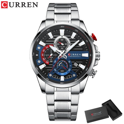 CURREN New Blue Multi Function Quartz Watches Sport Stainless Steel Band Wristwatches for Men with Luminous Hands