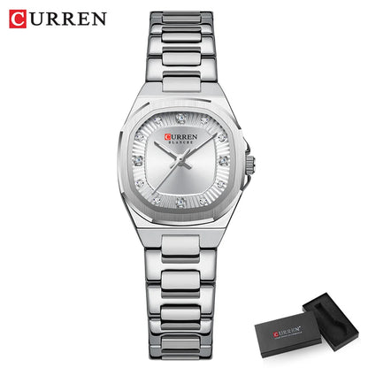 CURREN Women's Slim Quartz Watch Luxury Classic Round Dial with Rhinestone Elegant Stainless Steel Band for Ladies