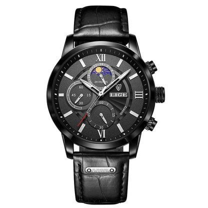 LIGE Fashion Brown Leather Watches For Men Casual Business Men Quartz Watch Waterproof Luminous 24 Hour Moon Phase Chronograph