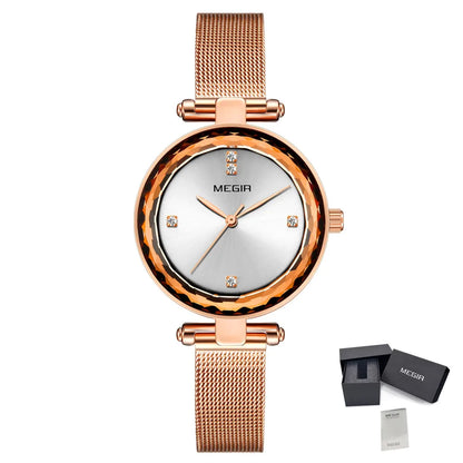 MEGIR Luxury Rose Gold Watch Women Bracelet Casual Quartz Wristwatches Steel Mesh Band Waterproof Ladies Watches Reloj Mujer