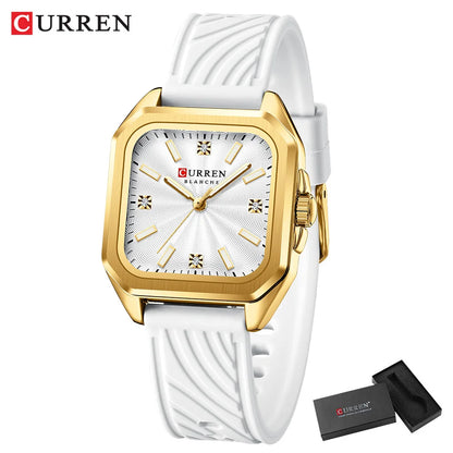 CURREN Elegant Simple Watch for Women Luxury Dress Square Dial Silicone Strap with Luminous Hands New Quartz Wristwatch
